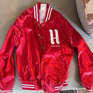 Red Satin Varsity Jacket with White Lettering